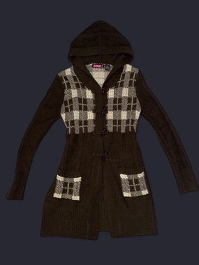 Say What? Hooded Long Cardigan with Plaid Accents - Black and Cream